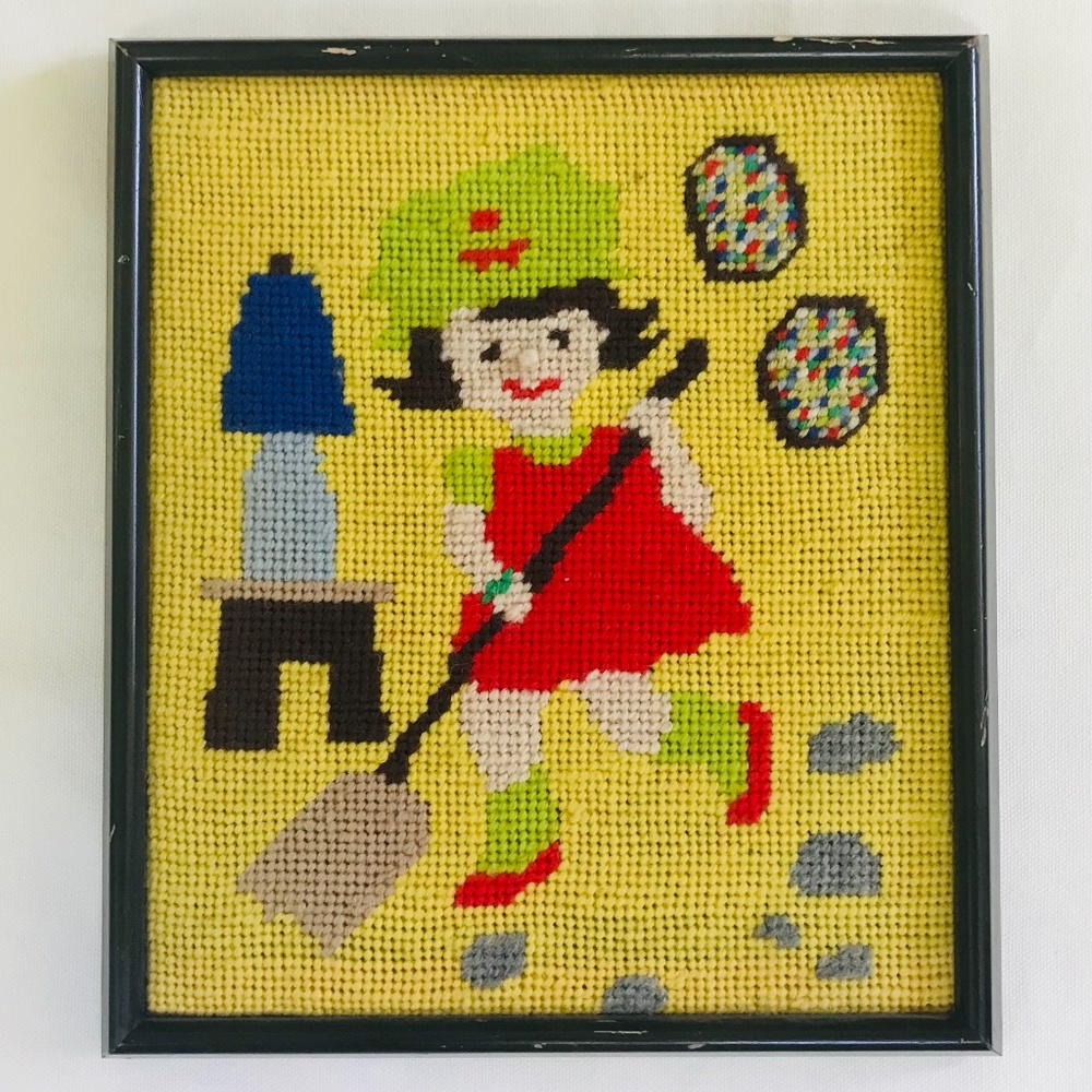Vintage Framed Cross Stitch Housewife Domestic Art